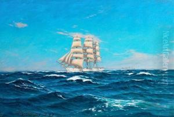 A White Yacht In Open Sea Oil Painting by Andreas Christian Riis Carstensen