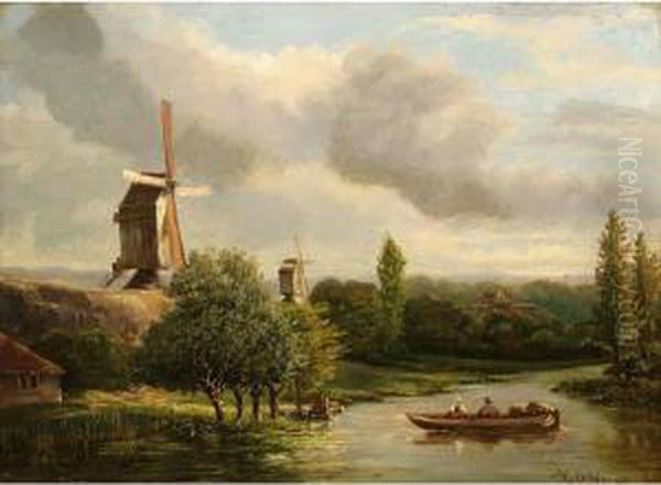 River Landscape With Figures In A Boat Oil Painting by Hermanus Jan Hendrik Rijkelijkhuijsen