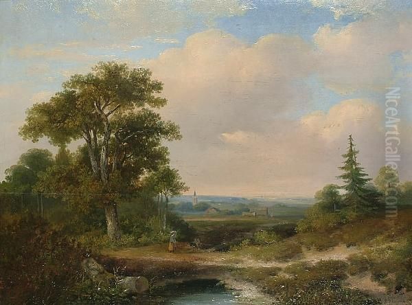 Figure In An Extensive Landscape Oil Painting by Hermanus Jan Hendrik Rijkelijkhuijsen