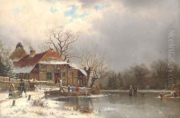 Figures at a cottage on a frozen waterway Oil Painting by Johannes Bartolomaus Duntze