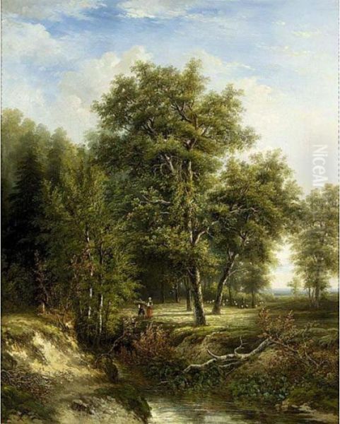 Figures On A Path In A Wooded Landscape Oil Painting by Hermanus Jan Hendrik Rijkelijkhuijsen