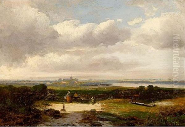 Travellers In A Landscape, A Town Beyond Oil Painting by Hermanus Jan Hendrik Rijkelijkhuijsen