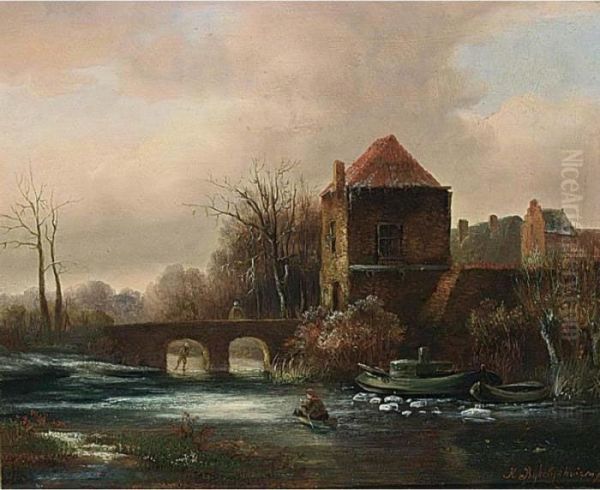 A Winter Landscape Oil Painting by Hermanus Jan Hendrik Rijkelijkhuijsen