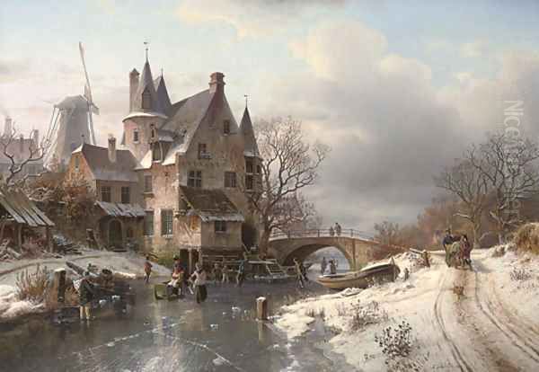 Skaters at a Dutch hamlet Oil Painting by Johannes Bartolomaus Duntze