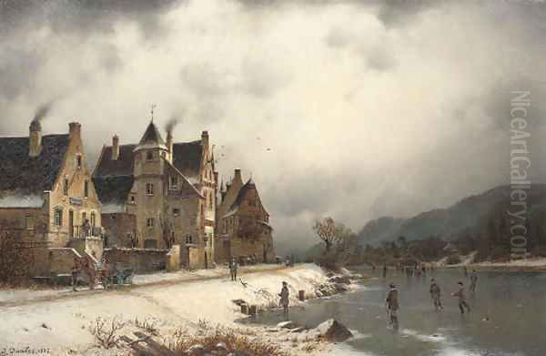 Skaters on a winter waterway Oil Painting by Johannes Bartolomaus Duntze