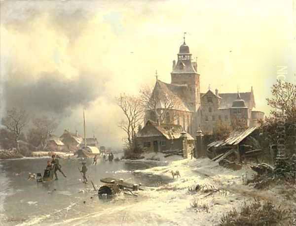 Skaters in a frozen winter landscape Oil Painting by Johannes Bartolomaus Duntze