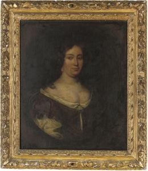 Portrait Of A Lady, Half-length,
 In Classical Brown Dress Withpearl Ornaments, In A Feigned Oval Oil Painting by John Riley