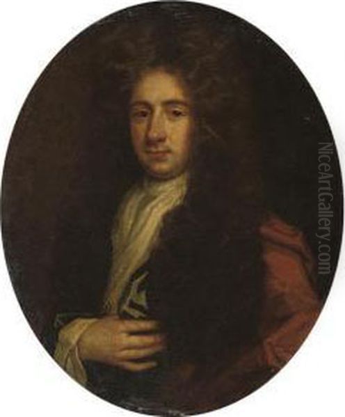 Portrait Of A Gentleman, Bust-length, In A Red Robe And Blue Wrap Oil Painting by John Riley