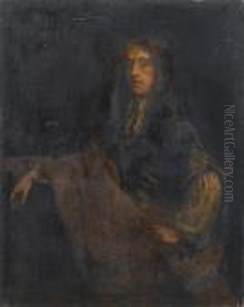 Portrait Of A Gentleman, 
Three-quarter-length, In A Blue Coat, A Brown Wrap And White Lace Jabot Oil Painting by John Riley