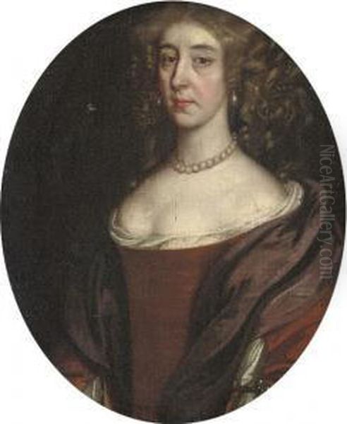 Portrait Of A Lady, Half-length,
 In A Brown Dress And Brown Wrap, With A Pearl Necklace And Earrings Oil Painting by John Riley