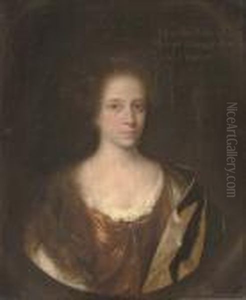 Portrait Of Martha Gregge, 
Bust-length, In A Red Dress With A Black And Yellow Wrap, In A Sculpted 
Cartouche Oil Painting by John Riley