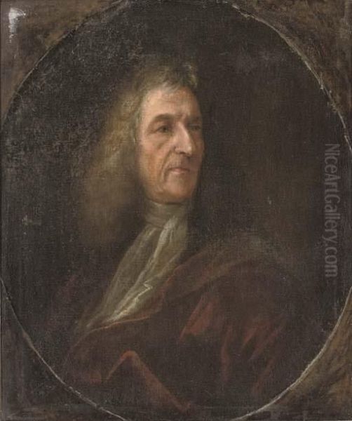 Portrait Of A Gentleman, Bust-length, In A Red Robe And White Cravat Oil Painting by John Riley