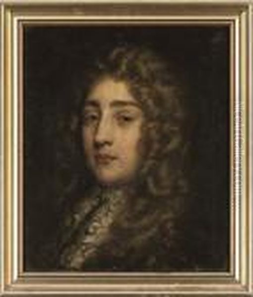 Portrait Of A Gentleman, Bust-length, With A Lace Jabot Oil Painting by John Riley