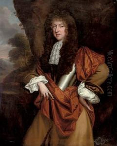 Portrait Of A Gentleman, 
Three-quarter-length, In A Breast-plate And White Ruff, Yellow Mantle 
And Orange Wrap, In A Landscape Oil Painting by John Riley