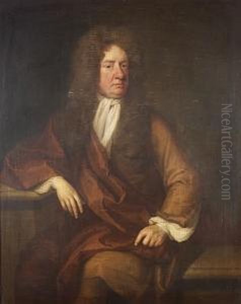 Portrait Of A Gentleman, 
Three-quarter Length, In A Brown Coat, Maroon Robe And White Jabot, 
Seated On A Stone Bench Beside A Stone Plinth Oil Painting by John Riley