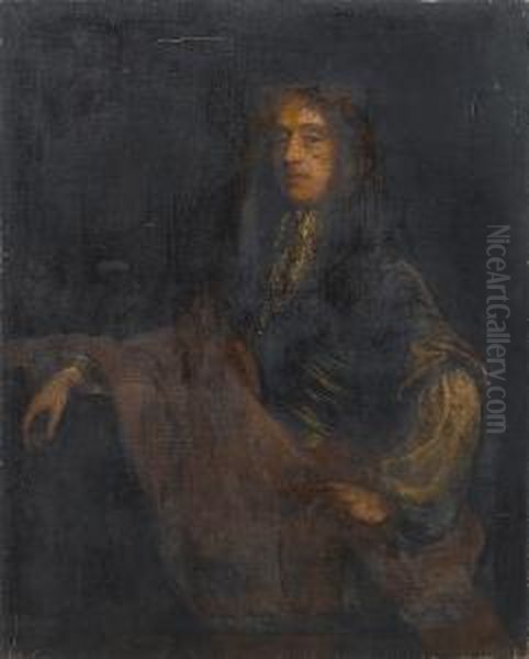 Portrait Of A Gentleman, 
Three-quarter-length, In A Blue Coat A Brown Wrap And White Lace Jabot Oil Painting by John Riley