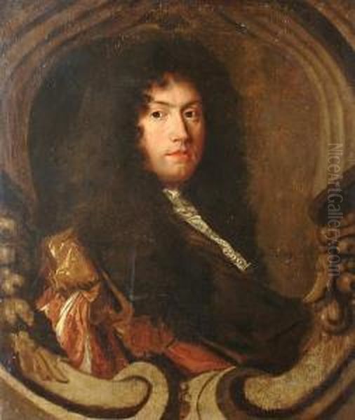 Portrait Of A Gentleman, 
Bust-length, With A Brown Wrap And A White Lace Jabot, In A Stone 
Cartouche Oil Painting by John Riley