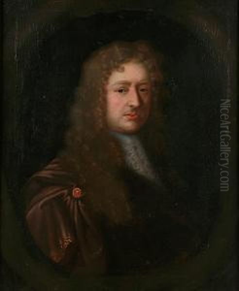 Portrait Of A Gentleman, Bust Length, Wearing Long Brown Wig And Robes, In Painted Oval Oil Painting by John Riley