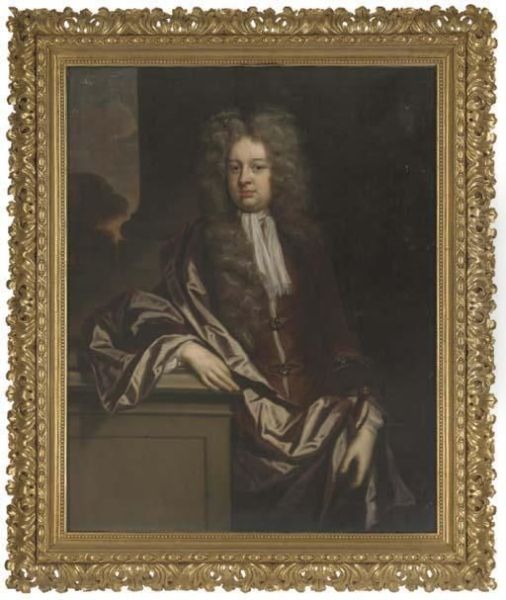 Portrait Of A Gentleman, 
Three-quarter-length, In A Brown Coat Andwrap, His Right Arm Resting On A
 Plinth, A Landscape Beyond Oil Painting by John Riley