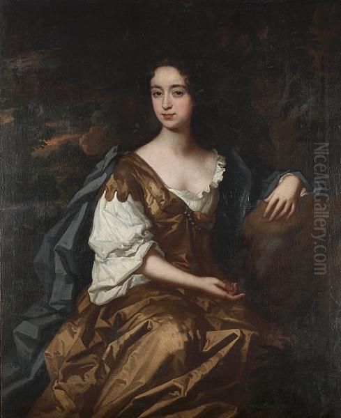 Portrait Of A Lady, Seated 
Three-quarter-length, In A Brown Dress With A Blue Wrap, In A Landscape Oil Painting by John Riley