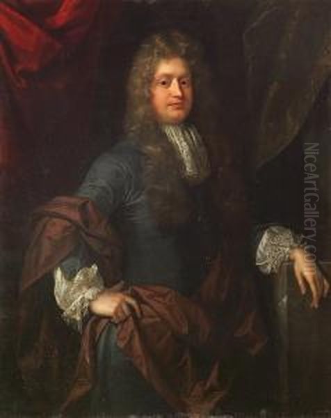 A Portrait Of A Gentleman In A Blue Coat And Lace Collar, Three-quarter Length Oil Painting by John Riley