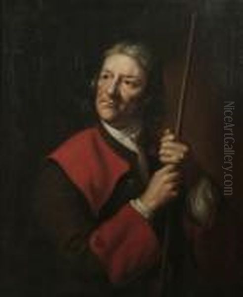 Portrait Of A Servant In A Red And Brown Coat And A White Cravat, Holding A Staff Oil Painting by John Riley