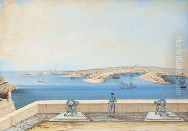 A military figure standing on the battlement overlooking the bay of Malta Oil Painting by Paolo Andrea Deangelis