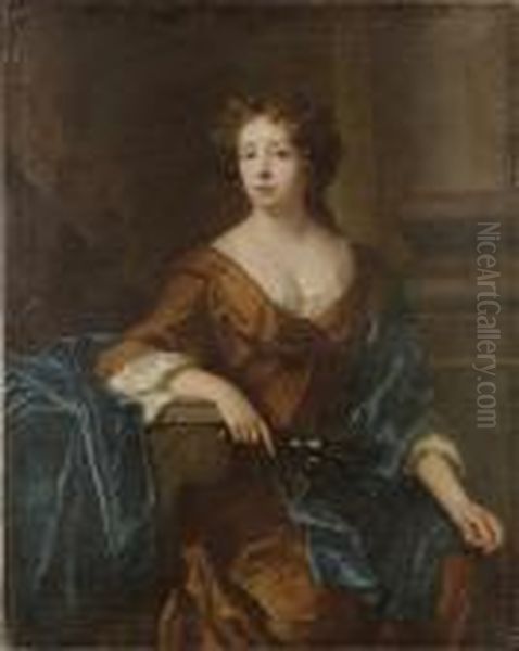 Portrait Of A Lady, Said To Be 
Lady Fanshawe, Three-quarter-length, In A Brown Dress With A Blue Shawl,
 Holding A Posy, Before A Column Oil Painting by John Riley