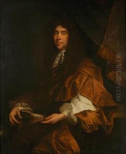 Portrait Of James Gulston Of 
Widial, Three-quarter Length, Seated With His Dog, With Tassled Curtain 
And Landscape Beyond Oil Painting by John Riley