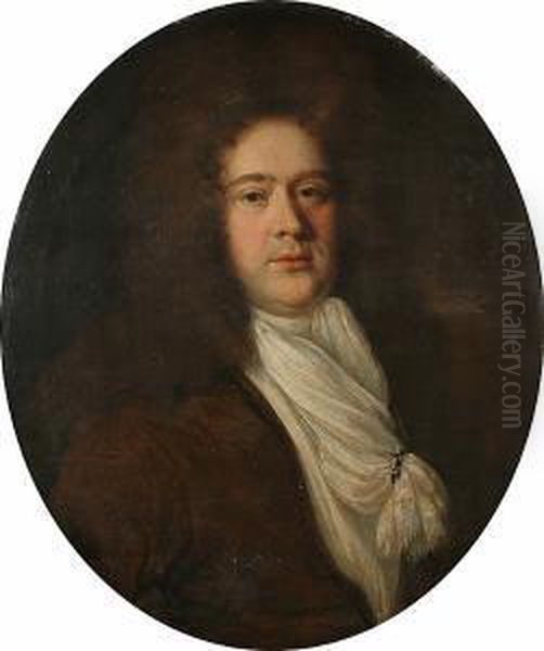 Portrait Of A Gentleman, Bust-length In A Brown Coat And A Cream Cravat Oil Painting by John Riley