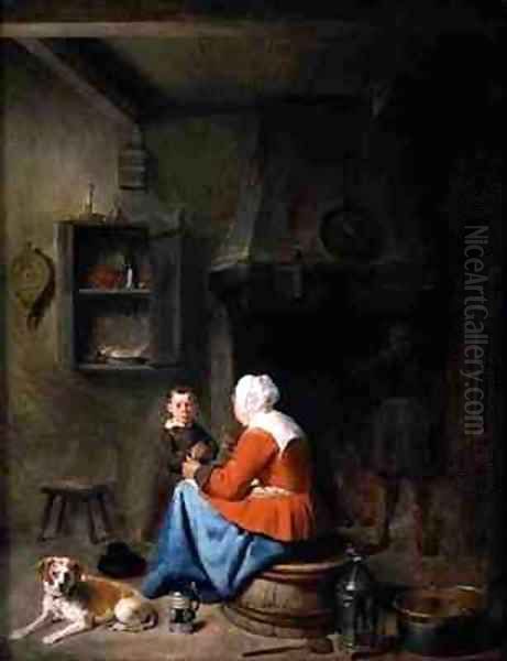 Woman teaching a boy to pray in a kitchen Oil Painting by Pieter Jacobsz Duyfhuyzen