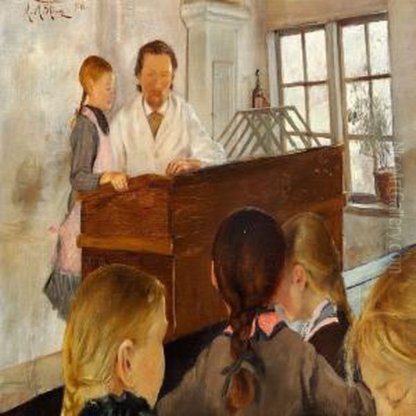 A Lesson Inthe Village School Oil Painting by L.A. Ring