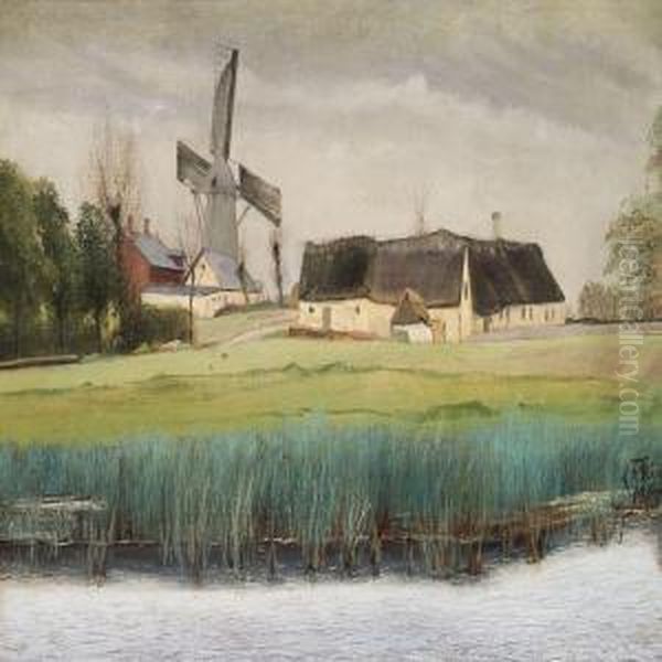 Farmhouse And Mill At A Lake Oil Painting by L.A. Ring