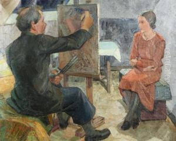 Artist And His Model. Oil Painting by L.A. Ring