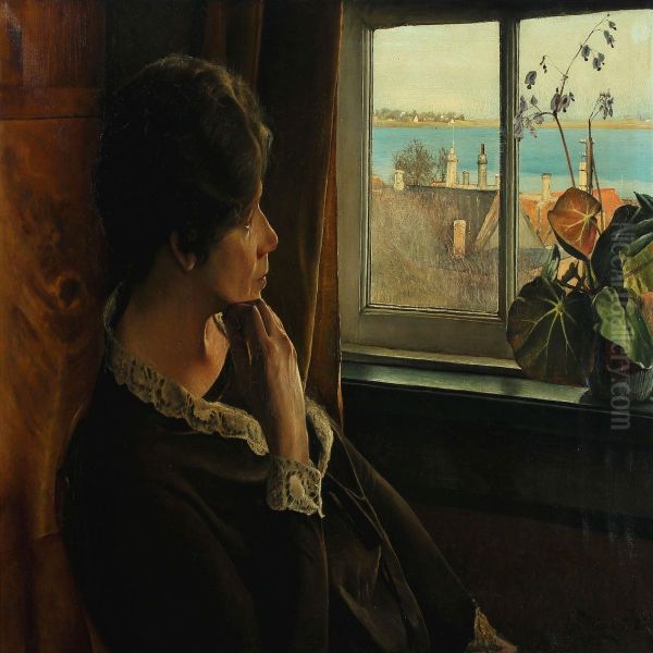 Interior With Woman 
Contemplating The View Over Sankt Jorgensbjerg And The Fjord Of Roskilde Oil Painting by Laurits Andersen Ring