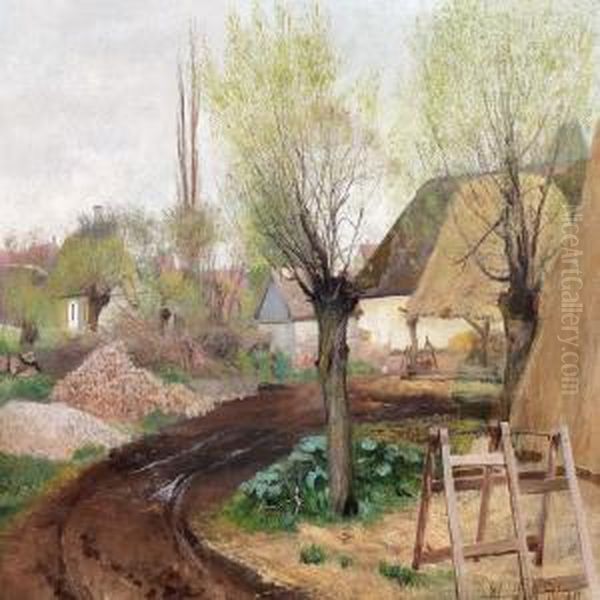 Road To A Cottage, In The Foreground A Willow And A Sawhorse Oil Painting by Laurits Andersen Ring