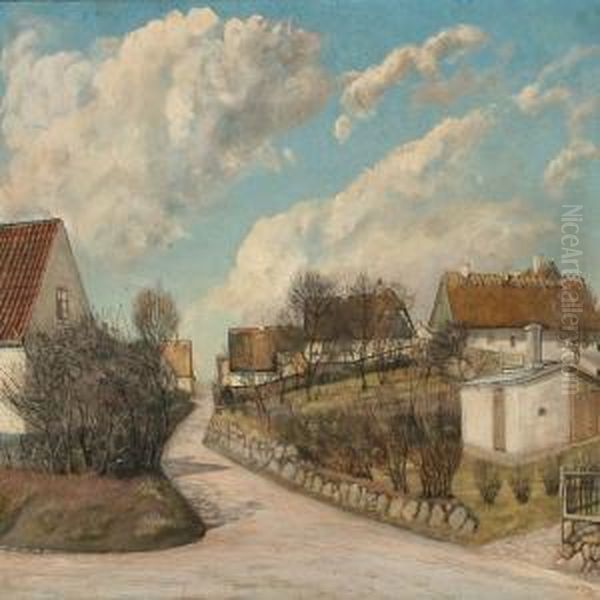 Summer Day In A Danish Village With Thatched Houses Oil Painting by Laurits Andersen Ring