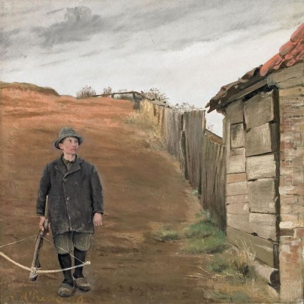 Armed Young Boy By Cottage Oil Painting by Laurits Andersen Ring