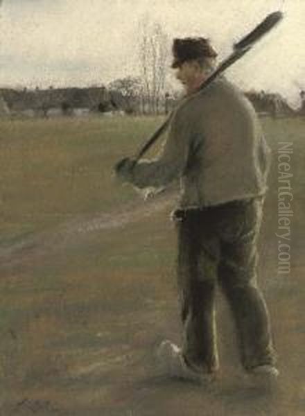 En Bondemand Paa Vej Hjem Over Marken (a Farmer On His Way Home Across The Field) Oil Painting by Laurits Andersen Ring