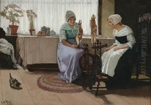 Ladies In An Interior Oil Painting by Laurits Andersen Ring