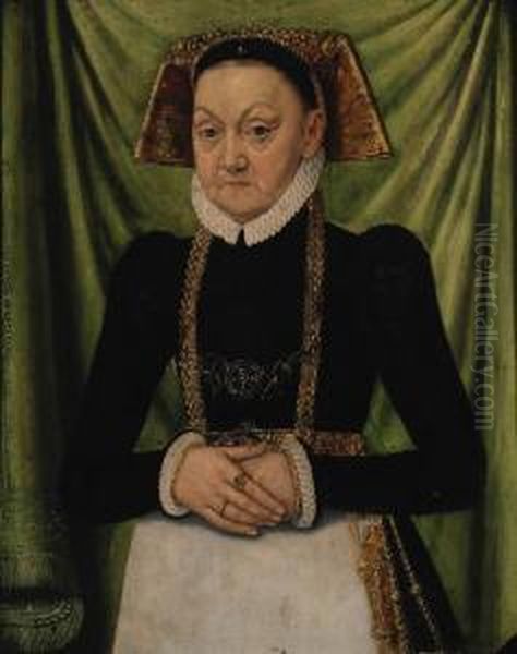 Portrait Of A Lady, 
Three-quarter-length, In A Black And Whitedress And A Gold Embroidered 
Headdress Oil Painting by Ludger Tom Ii Ring