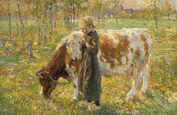 Acowherdess In A Meadow Near Zalk Oil Painting by Paul, Paulus Philip. Rink