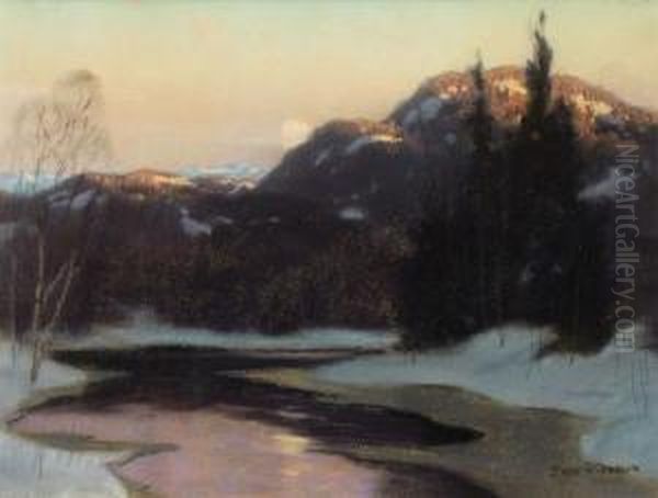 Winter Creek At Sunset Oil Painting by Eric John Benson Riordon