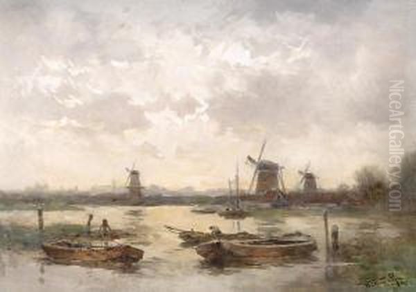 Barges On The Water Oil Painting by Willem Cornelis Rip