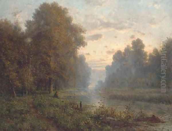 Angling at dusk Oil Painting by Charles-Felix-Edouard Deshayes