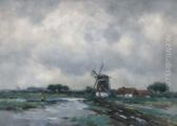 Weids Polderlandschap Met Molen Envissertje Op De Voorgrond Oil Painting by Willem Cornelis Rip