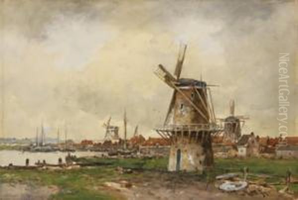 Windmills Near The Water's Edge Oil Painting by Willem Cornelis Rip