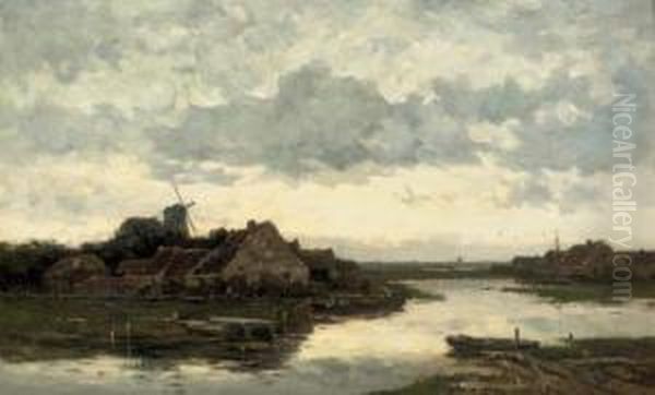 Avond Stond Bij Hagen: Houses Along A River Oil Painting by Willem Cornelis Rip