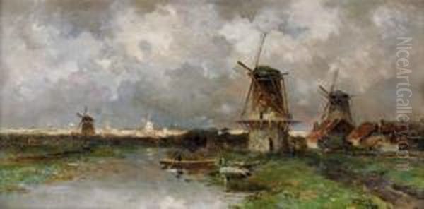 Opkomend Onweder: Windmills Along A River Oil Painting by Willem Cornelis Rip