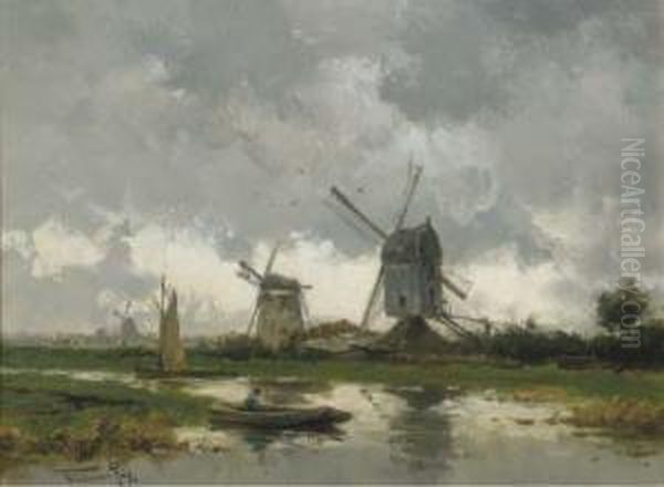 Molens Bij Gouda: A Landscape With Windmills Oil Painting by Willem Cornelis Rip